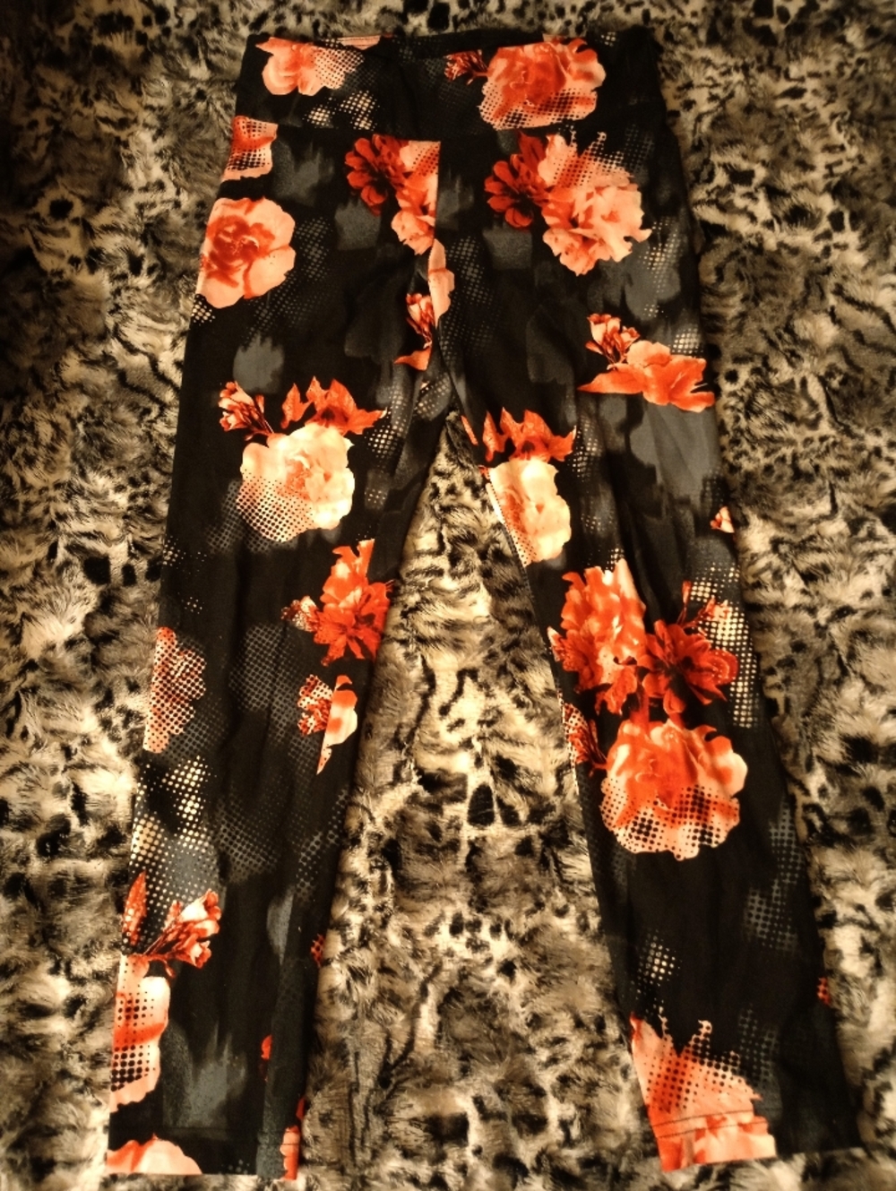 Retro Soft Black Floral Print High Rise Leggings with Red & Coral Roses Women's